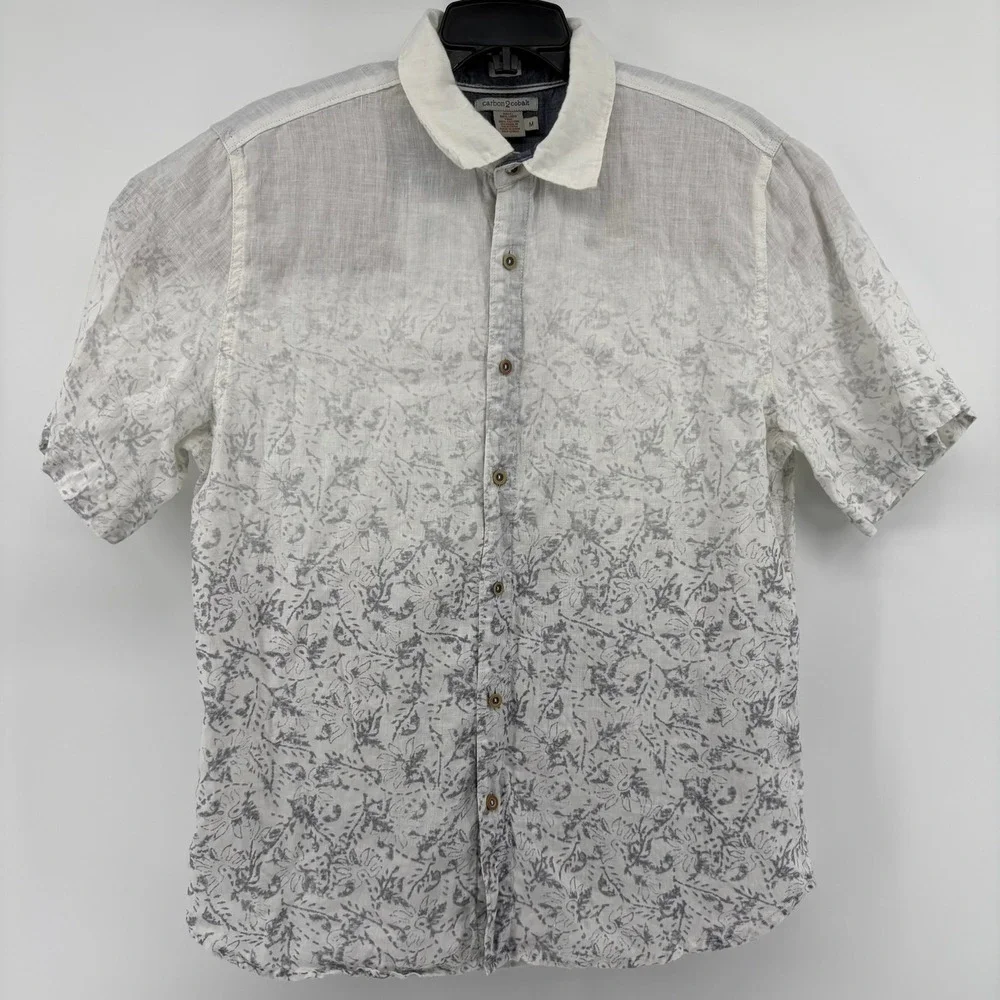 Carbon 2 Cobalt Mens White Grey Ombre Floral 100% Linen Short Sleeve Shirt‎ M